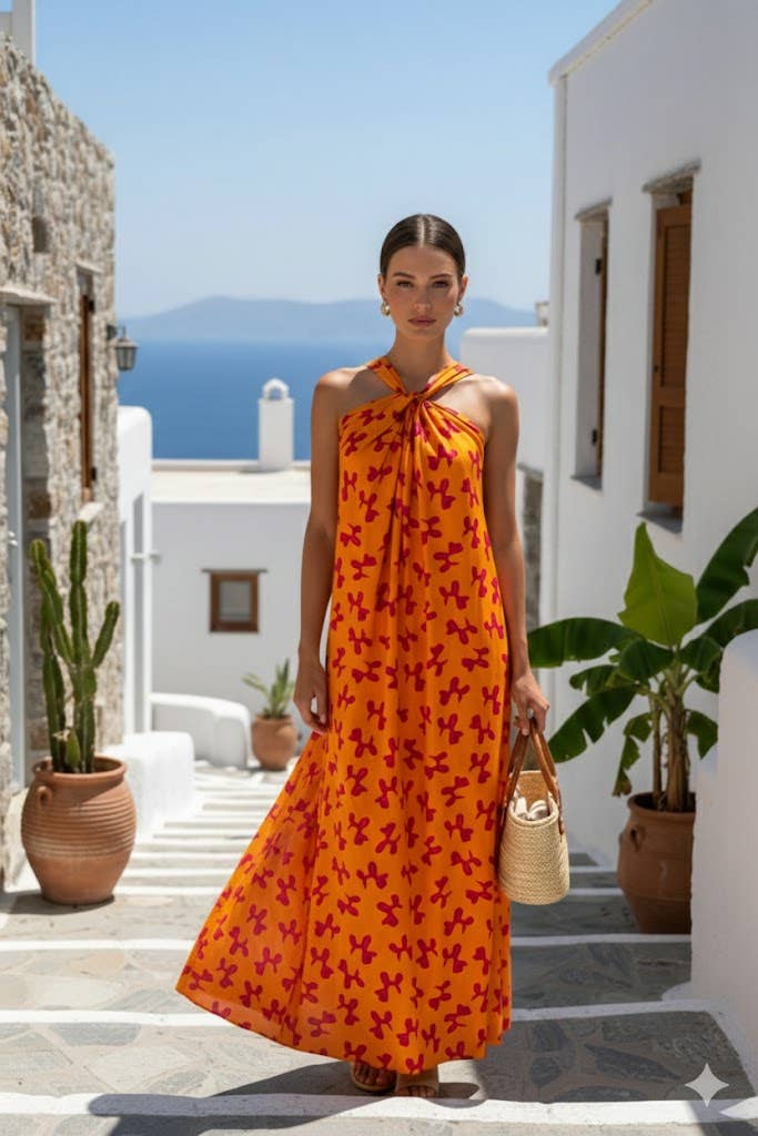 FG-446  Pop-Art Orange Flowy Balloon Dog Dress