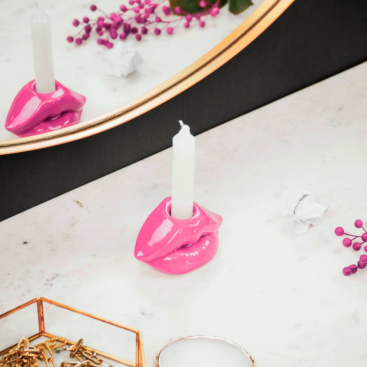 Candle holder - Lip - Ceramic - Neon Pink - 10,5x6,5x5,5cm